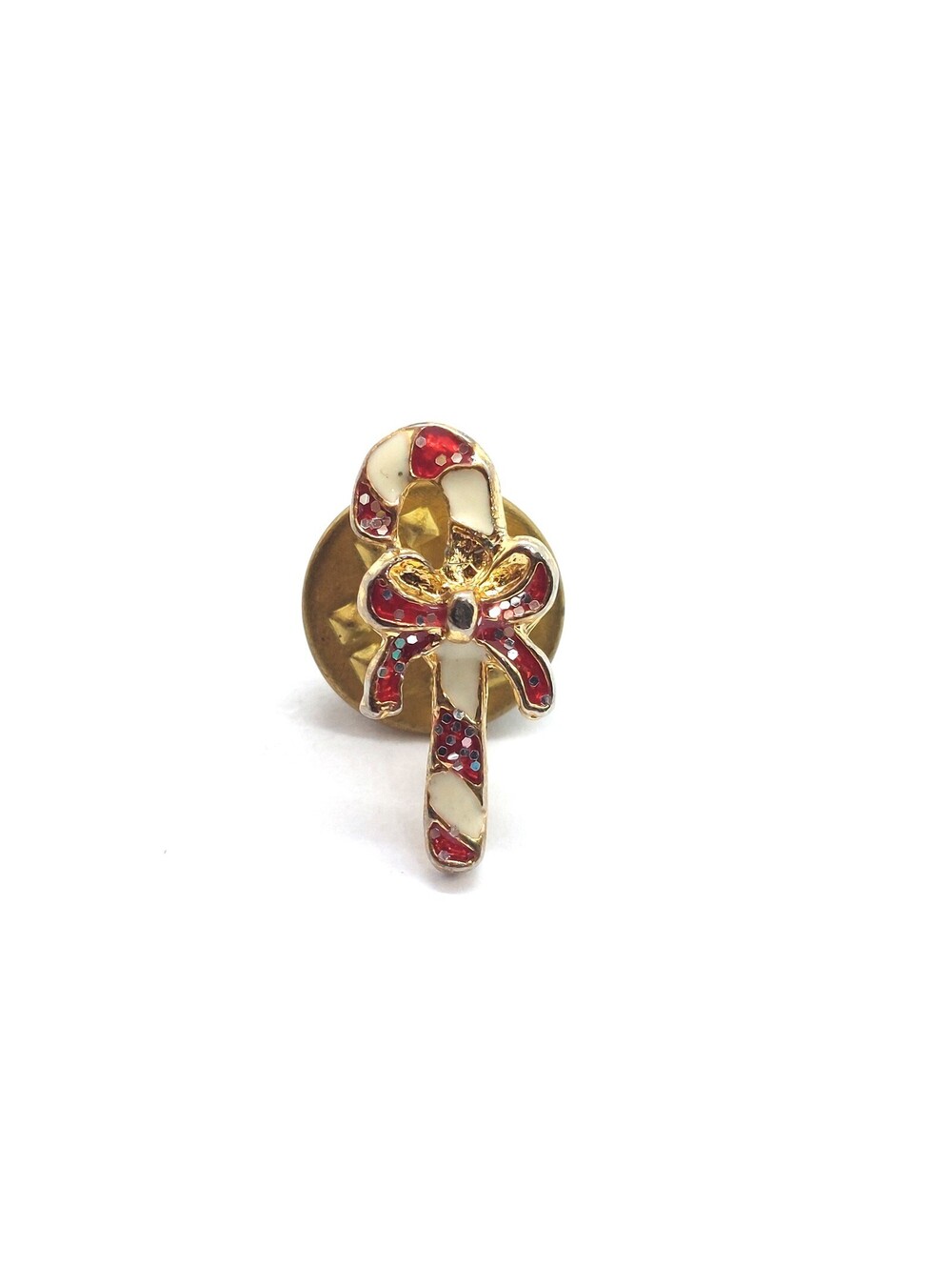 Vintage Candy Cane Pin Glitter Enamel Red Bow Christmas Holiday Striped